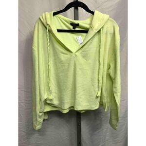 J Crew Terry Cloth Hoodie Pullover Neon Yellow V Neck Casual Lounge Size M